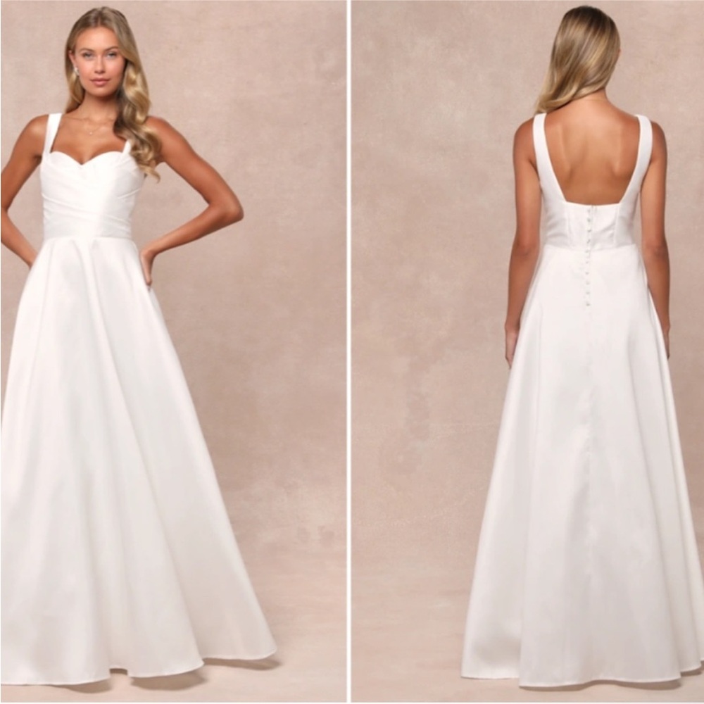 Lulu’s Modern Affection White Taffeta Pleated Sleeveless Maxi Wedding Dress